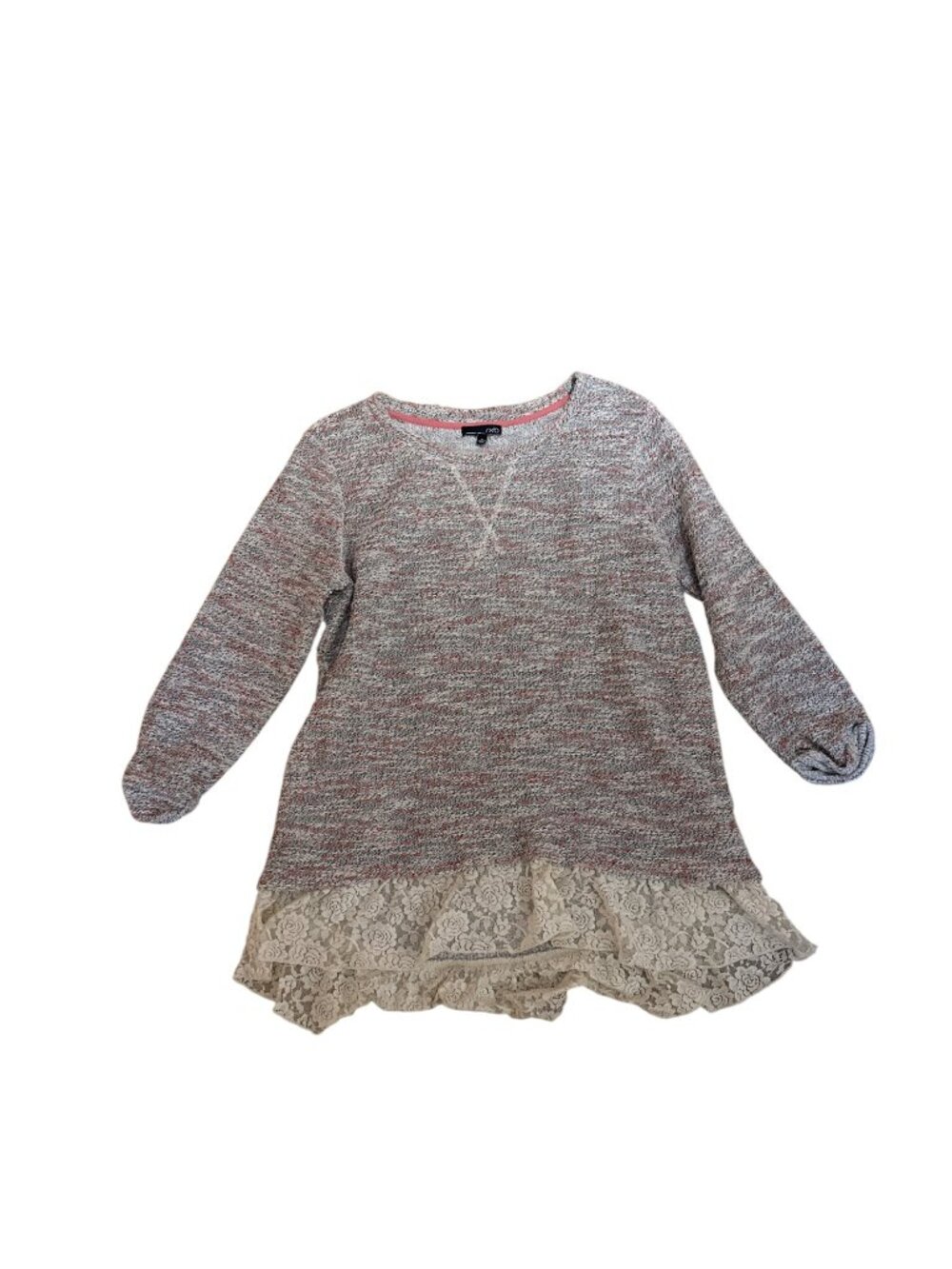 RXB Womens Top M Long Sleeve Knit Lace Hem Pink & Cream Coquette Cottage Core